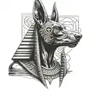 Anubis in a realistic style  facing forward looking at us with hieroglyphics as the background tattoo design idea