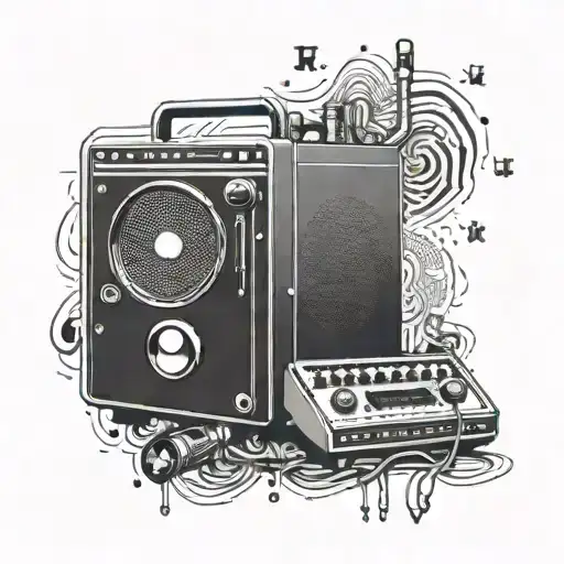A tattoo of a recording studio setup with a mix of hip hop elements and Memphis motifs, symbolizing the artist's passion for music and their roots tattoo design idea
