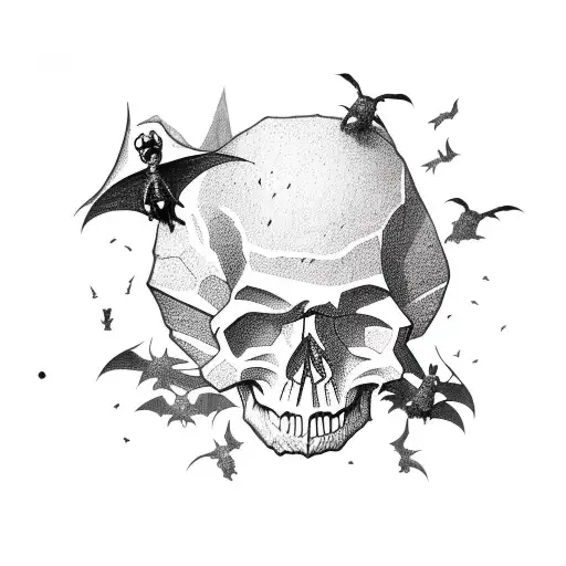 Skull-shaped rock formation with bats flying around tattoo design idea