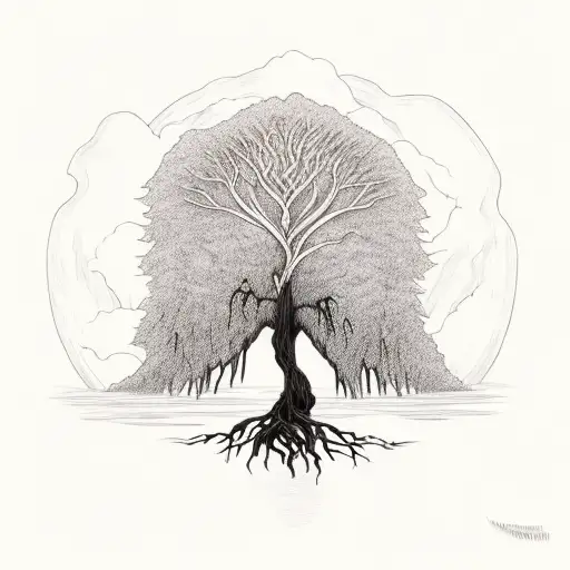 Willow tree with roots that outline a broken heart. there should be a river flowing in the heart and a sun in the back.  tattoo design idea