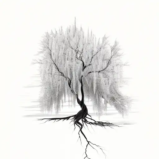 Willow tree with roots that outline a broken heart. there should be a river flowing in the heart and a sun in the back.  tattoo design idea