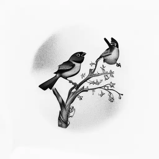 A Brazilian Tanager bird perched on a branch, singing musical notes, with a pug sitting below, surrounded by a nature scene reflected in a vintage mirror tattoo design idea