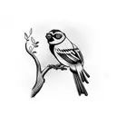A Brazilian Tanager bird perched on a branch, singing musical notes, with a pug sitting below, surrounded by a nature scene reflected in a vintage mirror tattoo design idea