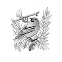 A Brazilian Tanager bird perched on a branch, singing musical notes, with a pug sitting below, surrounded by a nature scene reflected in a vintage mirror tattoo design idea