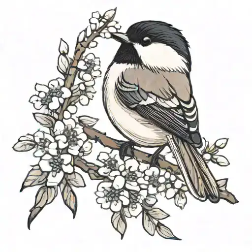 Pussy willow branch with black and white chickadee  tattoo design idea