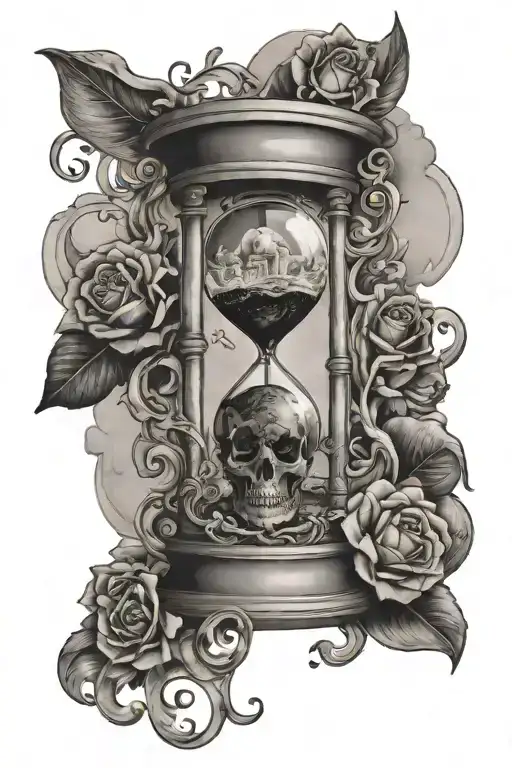 Life and death, stoicism, hour glass overflowing tattoo design idea