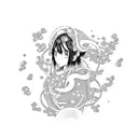 A Japanese-inspired tattoo featuring a manga character surrounded by sky flowers tattoo design idea