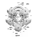 A Japanese-inspired tattoo featuring a manga character surrounded by sky flowers tattoo design idea