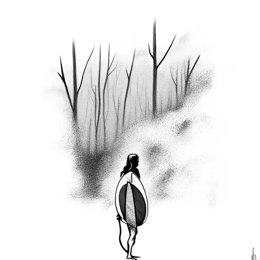 A surfer catching a wave amidst a dense forest tattoo design idea