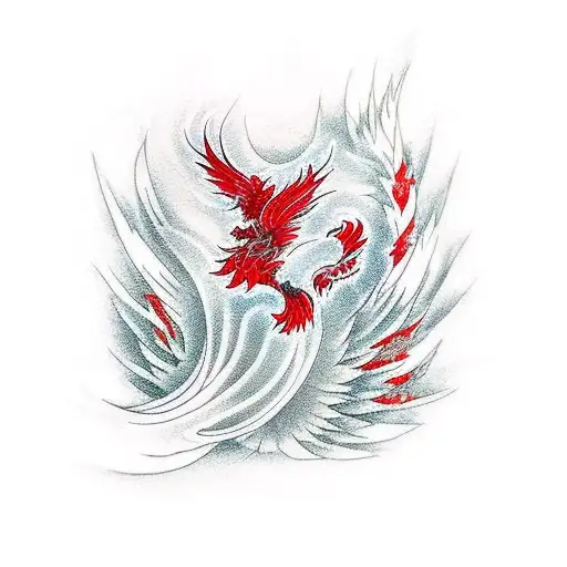 red phoenix, flowing feathers, fine lines tattoo design idea