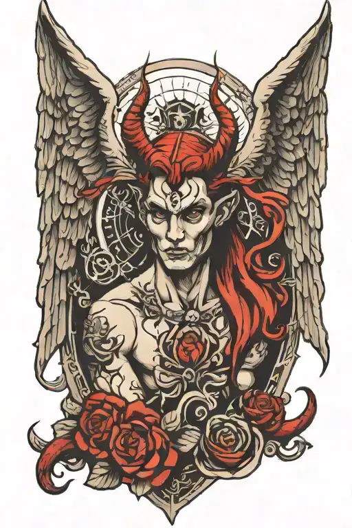 biblical angel with devil horns tattoo design idea