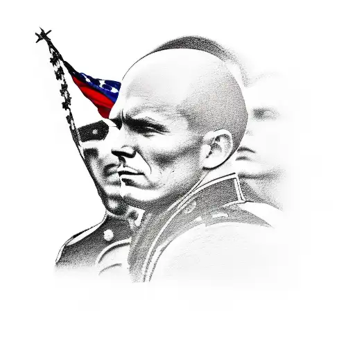 A powerful image of a Marine saluting while an eagle soars above, with the American flag billowing in the wind tattoo design idea