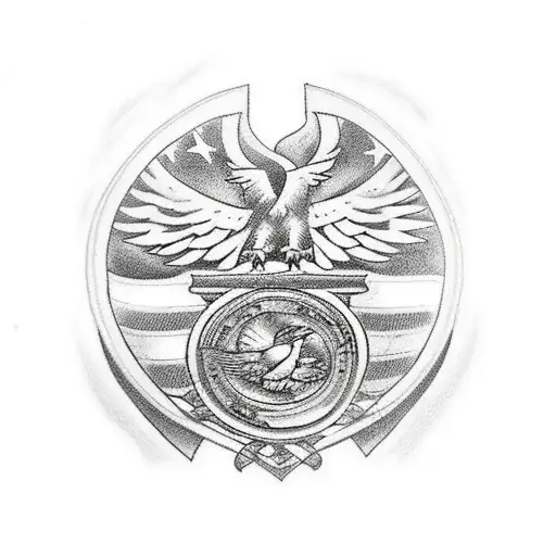 An intricate tattoo showcasing a soldier's silhouette within the outline of an eagle, with the American flag unfurling behind them tattoo design idea