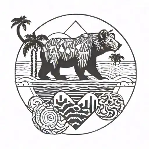 sun, wave, palm tree, California bear, dog paw, 2 hearts tattoo design idea