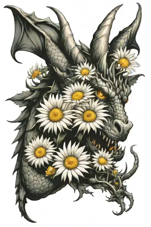 Dragon curled horns with daisy flowers tattoo design idea