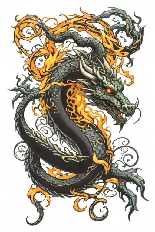 Dragon curled horns with fire intertwined vines tattoo design idea