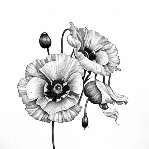 tattoo of black and white bouquet of flowers with poppy, carnation, gladiolus, and snowdrop. colored peacock feathers th tattoo design idea