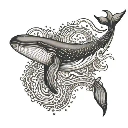 A majestic whale swimming gracefully through a sea of dotwork waves, with the Santos FC emblem subtly incorporated into the design tattoo design idea