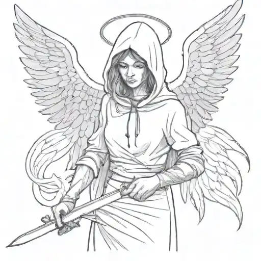woman with angel and devil wings holding a sword wearing a hood tattoo design idea