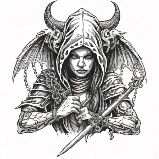 woman with devil wings holding a sword downward wearing a hood with metal chains on the wings tattoo design idea