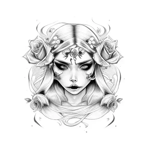  the face of a pretty woman with skulls in her eye sockets and a rose in her long, wavy hair tattoo design idea