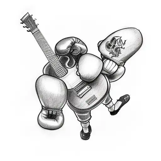 A sketch style tattoo of a guitarist playing a solo with boxing gloves hanging in the background tattoo design idea