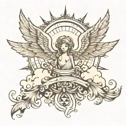 Angels, wings, clouds flying with sun rays tattoo design idea