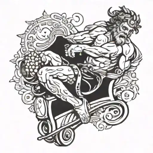 A detailed tattoo design of a Greek god riding a play station console like a chariot, with coffee beans trailing behind tattoo design idea