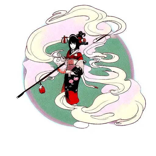 A mystical Japanese geisha surrounded by swirling smoke and vape clouds tattoo design idea