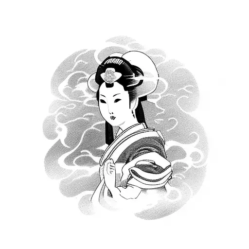 A mystical Japanese geisha surrounded by swirling smoke and vape clouds tattoo design idea