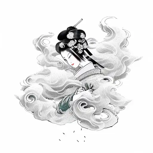 A mystical Japanese geisha surrounded by swirling smoke and vape clouds tattoo design idea