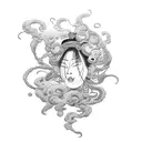 A mystical Japanese geisha surrounded by swirling smoke and vape clouds tattoo design idea