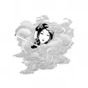 A mystical Japanese geisha surrounded by swirling smoke and vape clouds tattoo design idea