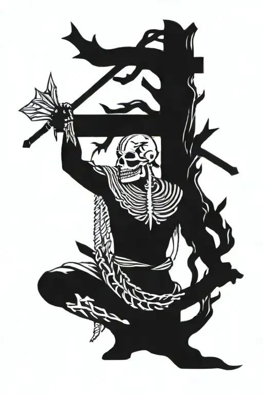 Viking skeleton with battle torn clothes and arrows in his back praying under a tree of life  with a cross  carved in th tattoo design idea