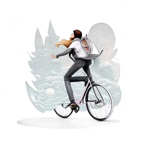 A PC game character riding a bicycle in a whimsical world tattoo design idea