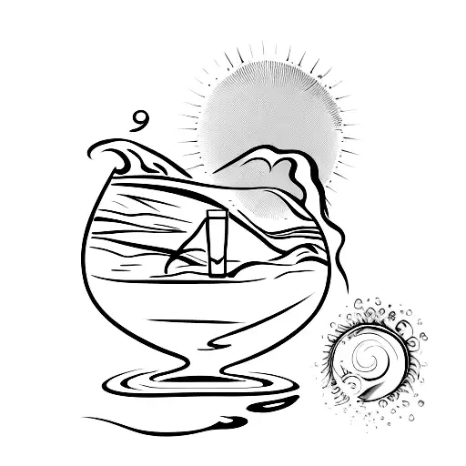wine glass on a sandy beach with a sunset tattoo design idea