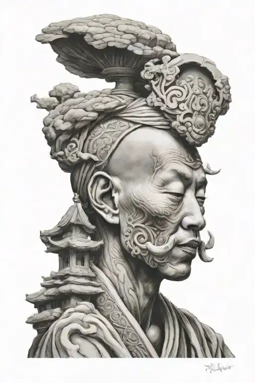 young budist monk from half back side on mount  tattoo design idea