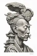 young budist monk from half back side on mount  tattoo design idea