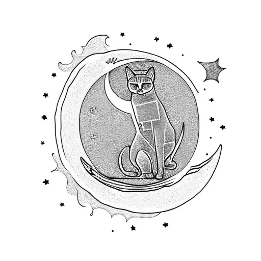 full body silhouette of a cat laying on a crescent moon, one paw reaching down tattoo design idea