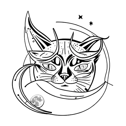 full body silhouette of a cat laying on a crescent moon reaching down tattoo design idea