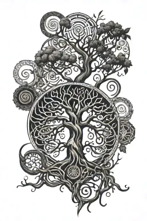 A mystical Tree of Life intertwined with Wiccan symbols  of elements tattoo design idea