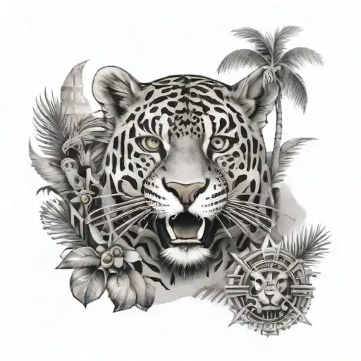 Jaguar Mayan warrior in the jungle with Mayan pyramids and Mayan symbols  tattoo design idea