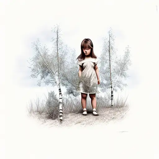 Beautiful child leaning against birch tree with birds tattoo design idea
