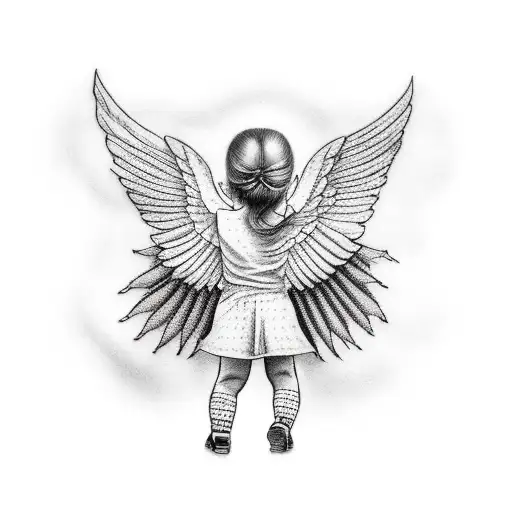 Child with wings leaning against birch tree tattoo design idea