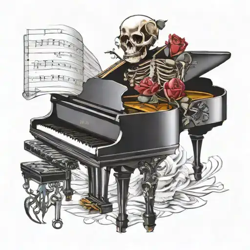 Piano Keys with rose and São Bento Coat skeleton with a cutlass tattoo design idea