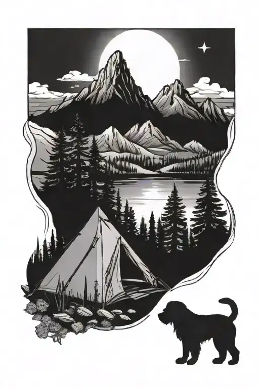 camping with mountains, lake, and a Goldendoodle  tattoo design idea