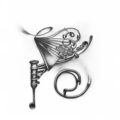 A trombone playing music notes that transform into birds flying away tattoo design idea