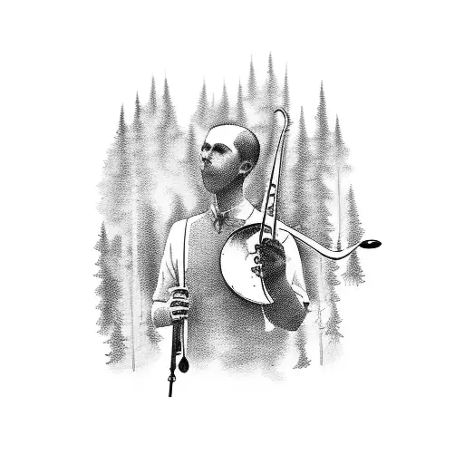 A silhouette of a trombone player surrounded by a forest tattoo design idea