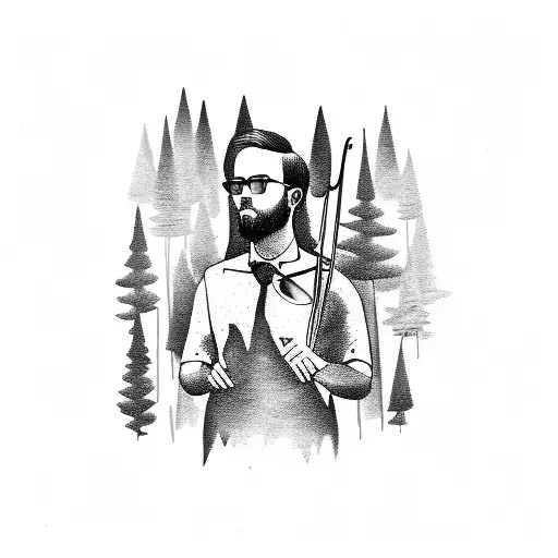 A silhouette of a trombone player surrounded by a forest tattoo design idea