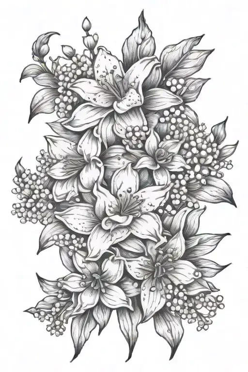 Flower bouquet tattoo design Daffodil, marigold, lily of the valley, forget me not and an aster tattoo design idea